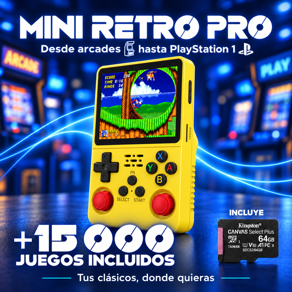 Mini Retro Pro Amarillo, más de 15.000 juegos y microSD Kingston incluida