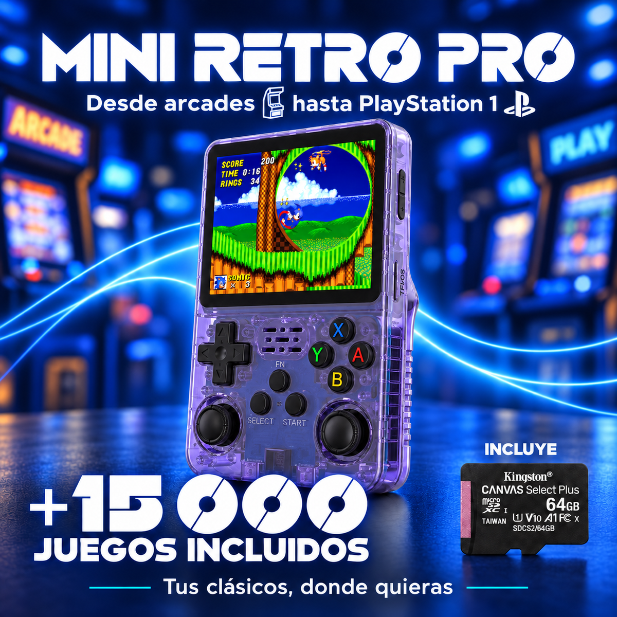 Mini Retro Pro Púrpura Transparente, más de 15.000 juegos y microSD Kingston incluida