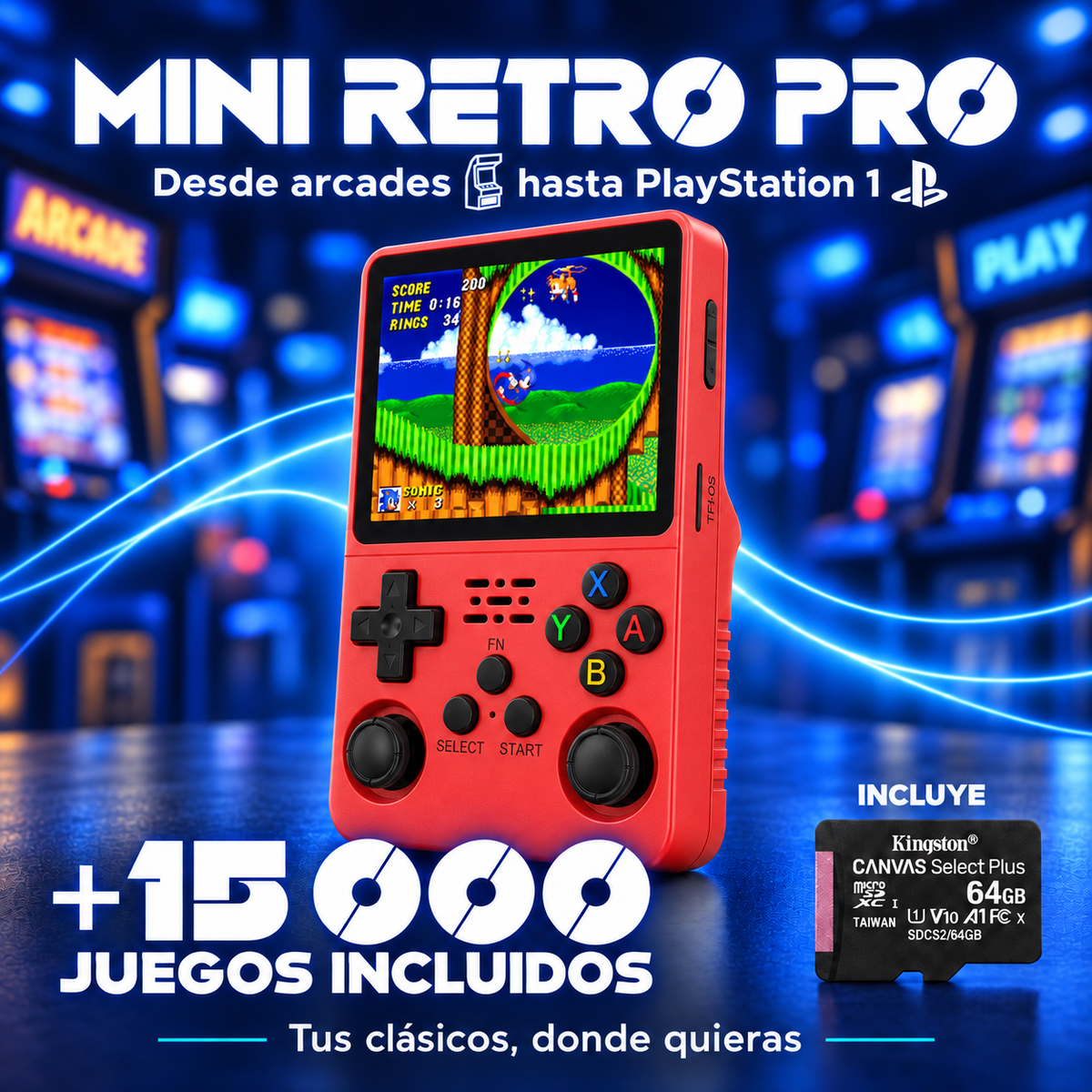 Mini Retro Pro Rojo, más de 15.000 juegos y microSD Kingston incluida