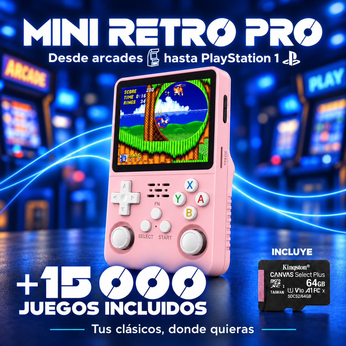 Mini Retro Pro Rosa, más de 15.000 juegos y microSD Kingston incluida