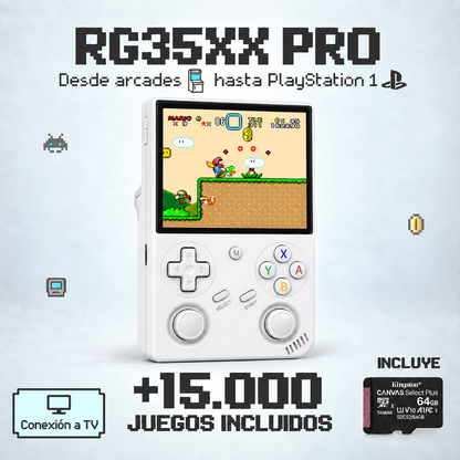 Consola RG35XX Pro blanca, más de 15.000 juegos, conexión a TV y microSD Kingston incluida