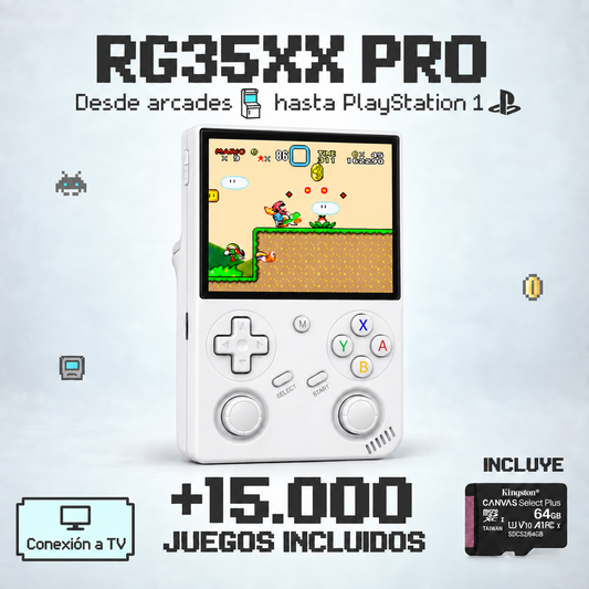 Consola RG35XX Pro blanca, más de 15.000 juegos, conexión a TV y microSD Kingston incluida