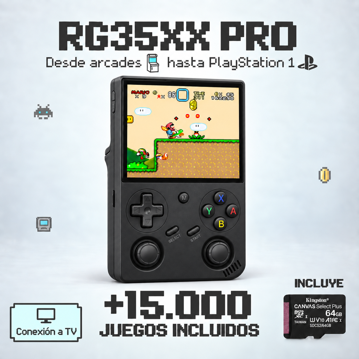RG35XX Pro Negro, más de 15.000 juegos y microSD Kingston incluida, conexión a TV