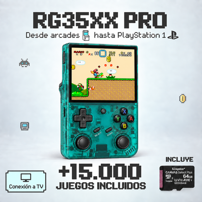 RG35XX Pro Verde Transparente, más de 15.000 juegos y microSD Kingston incluida, conexión a TV