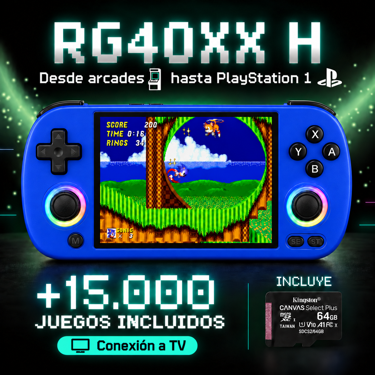 RG40XX H Azul marino, más de 15.000 juegos y microSD Kingston incluida, conexión a TV