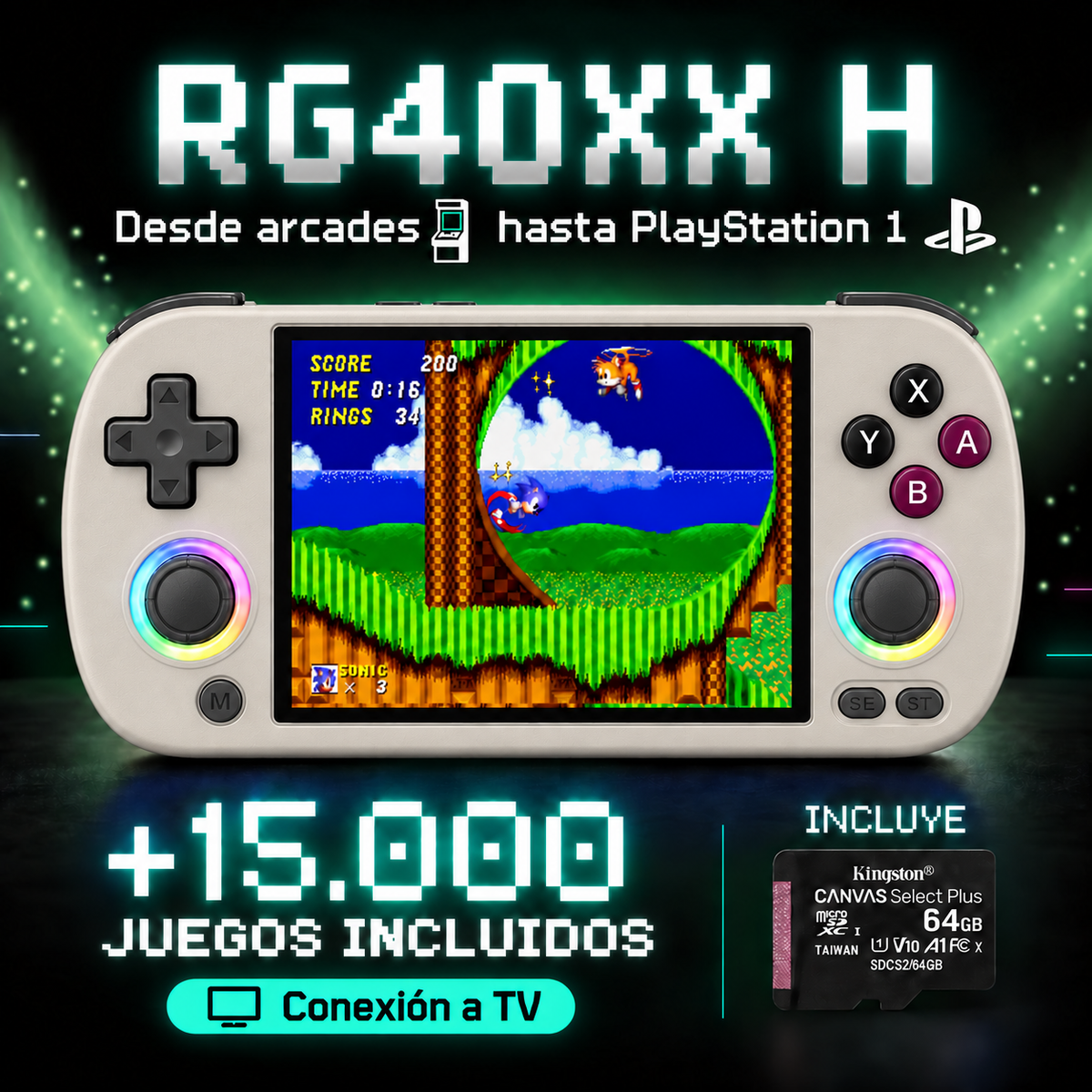 RG40XX H Gris, más de 15.000 juegos y microSD Kingston incluida, conexión a TV