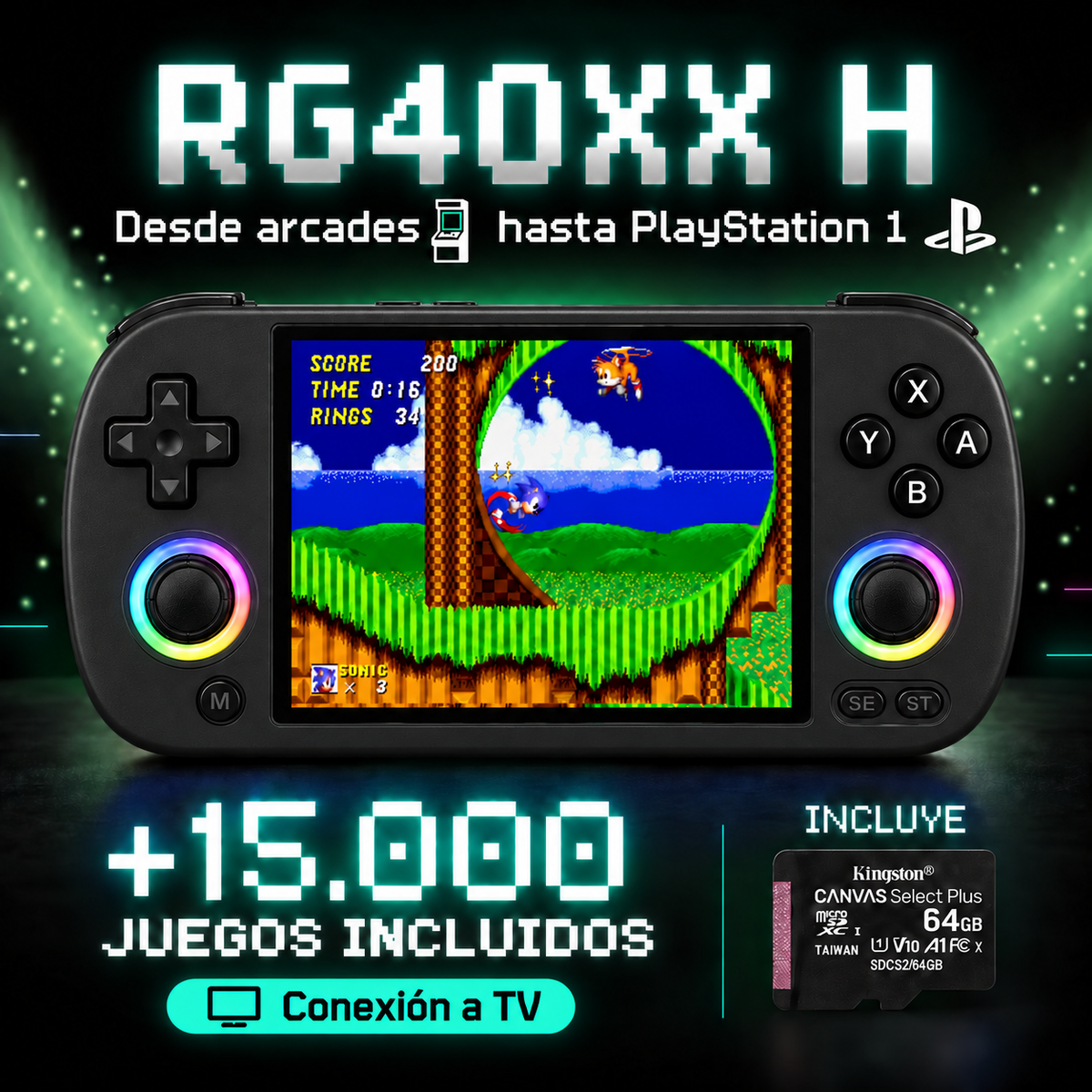 RG40XX H Negro, más de 15.000 juegos y microSD Kingston incluida, conexión a TV
