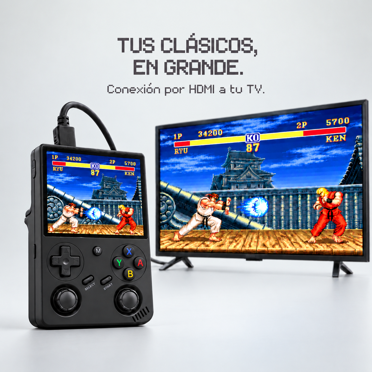 RG35XX Pro conectada por HDMI a una TV, con Street Fighter en ambas pantallas